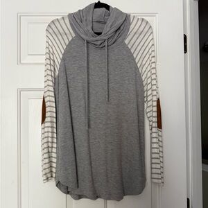 Gray and White Striped Cowl Neck Sweater